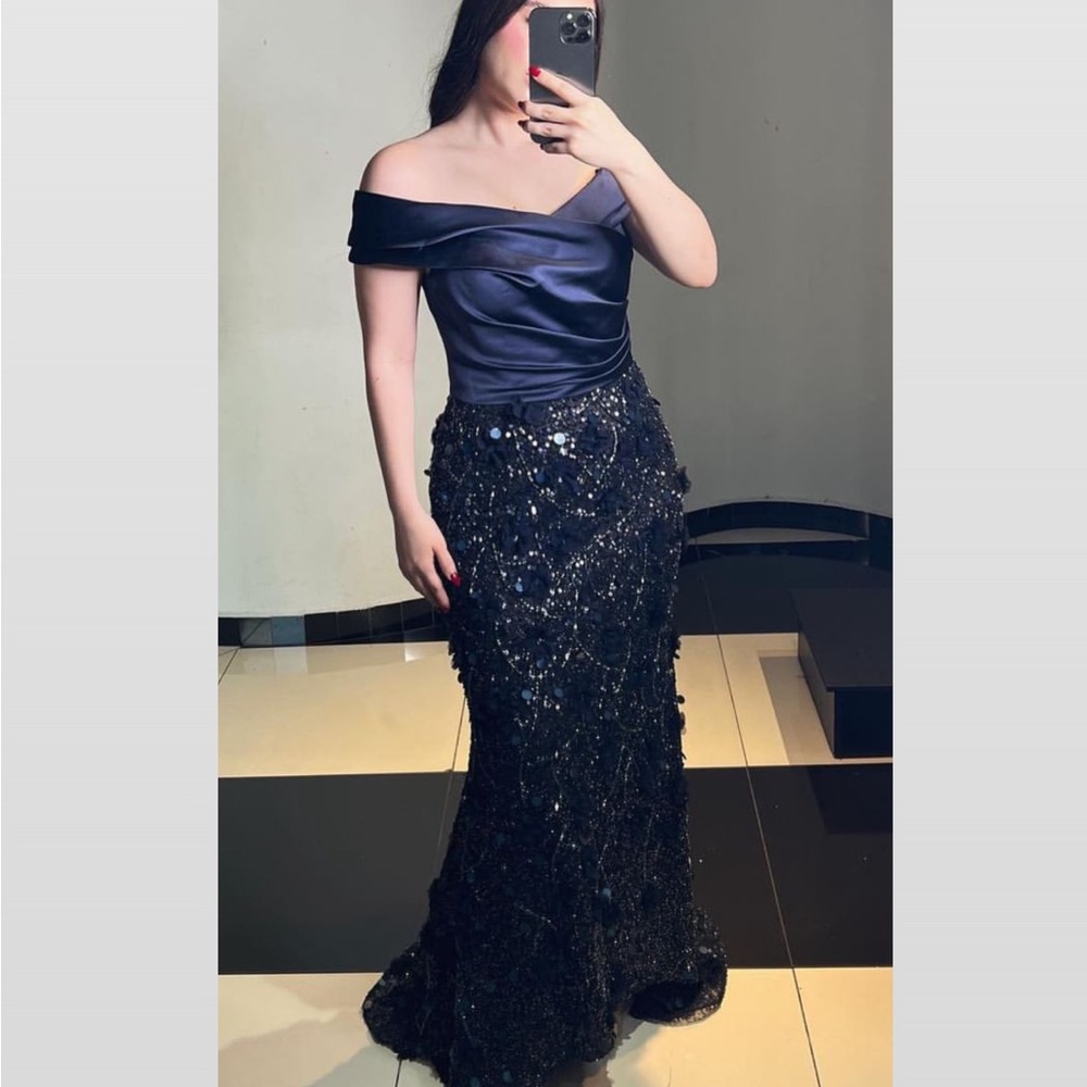 David Meister Midnight Blue Off-Shoulder Gown